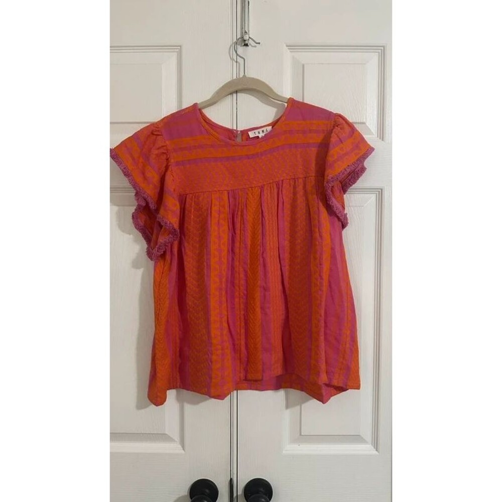 THML Pink and Orange Geometric Flutter Sleeve Top